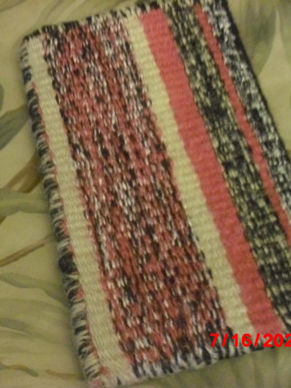 Hand Woven Silk Eyeglass Case. Pinks, Reds Blacks, Tan, Lined in Purple.